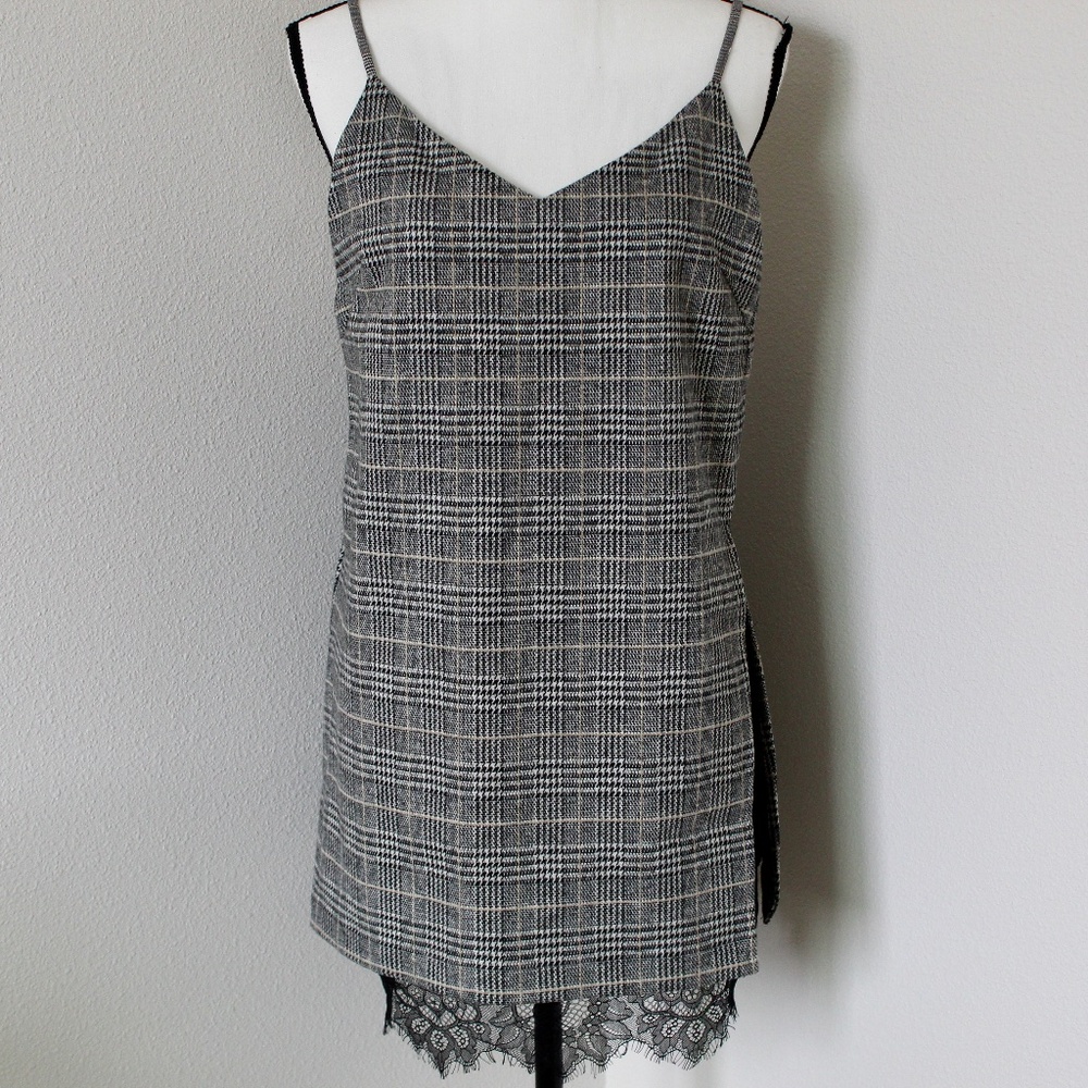 Black, White, & Beige Plaid Split Side Lace Detail Drop Back Mini Dress